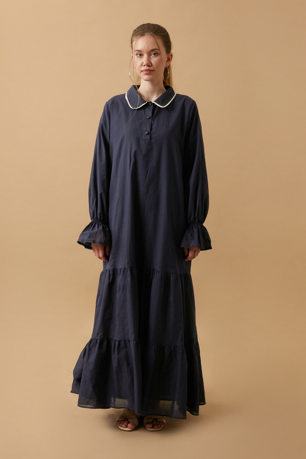 Peter Pan Collar Voile Dress Navy Blue 