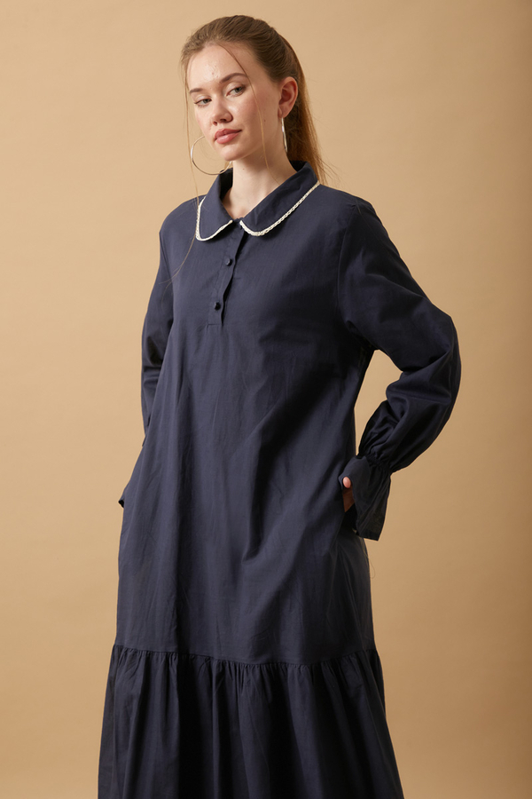 Peter Pan Collar Voile Dress Navy Blue - 2