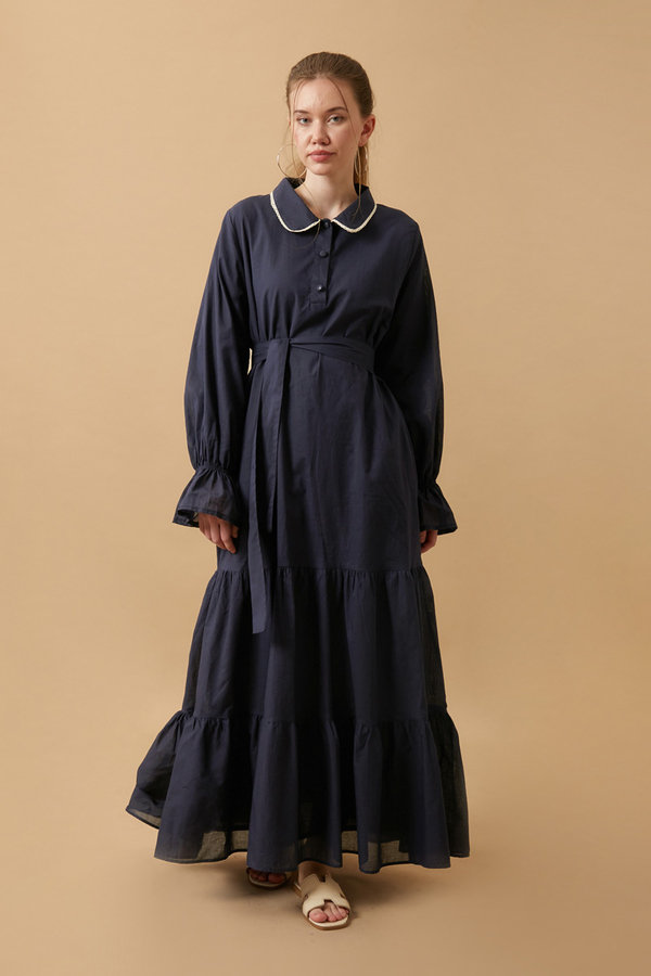 Peter Pan Collar Voile Dress Navy Blue - 3