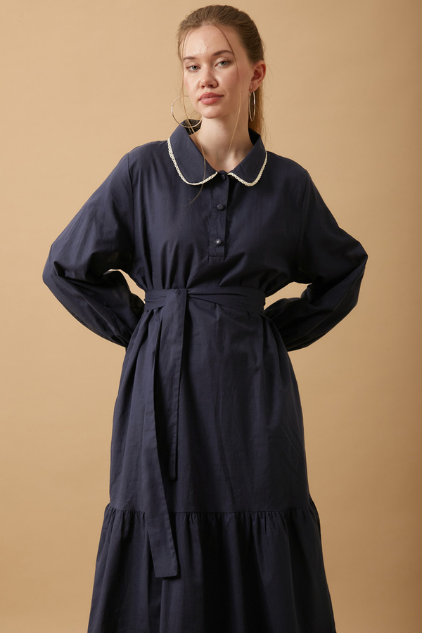 Peter Pan Collar Voile Dress Navy Blue - 4