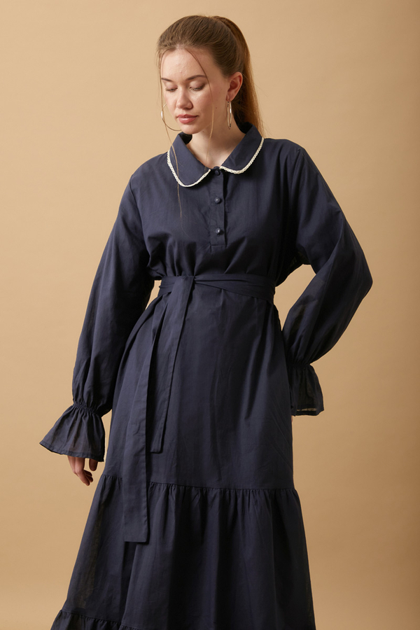 Peter Pan Collar Voile Dress Navy Blue - 5