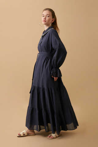 Peter Pan Collar Voile Dress Navy Blue - 6