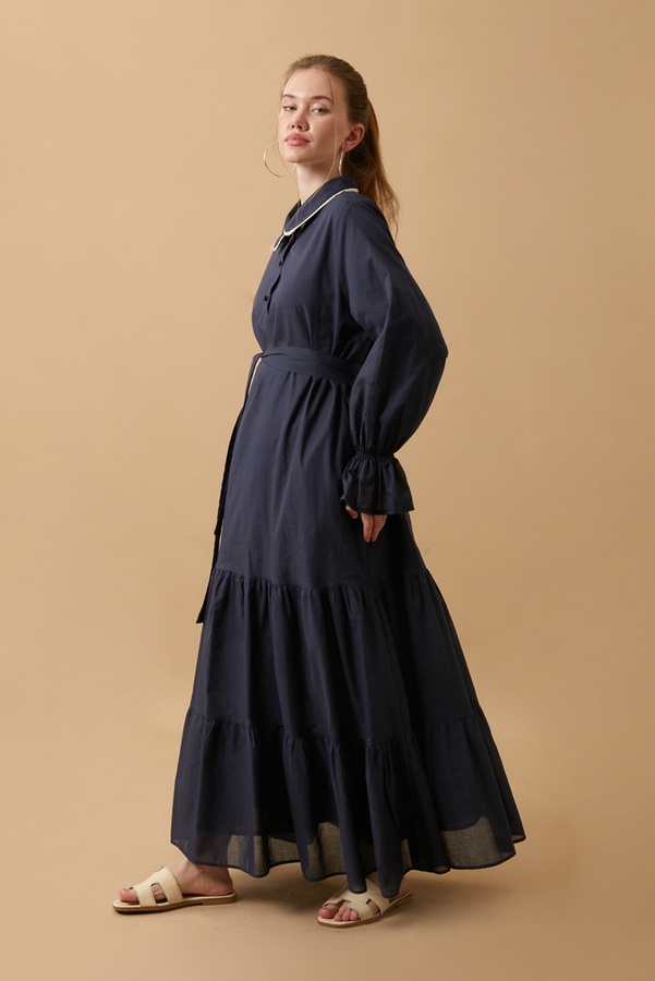 Peter Pan Collar Voile Dress Navy Blue - 6
