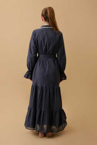 Peter Pan Collar Voile Dress Navy Blue - 7