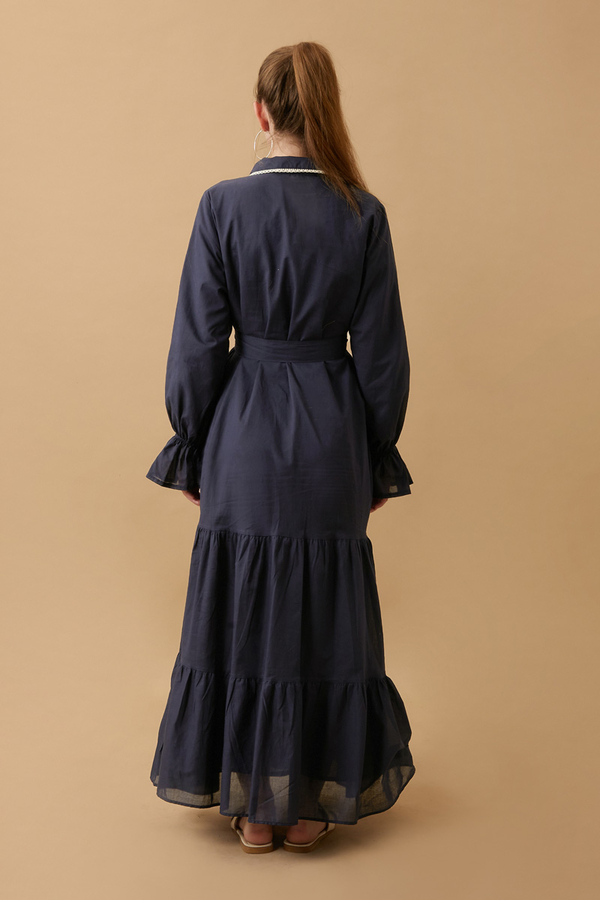 Peter Pan Collar Voile Dress Navy Blue - 7