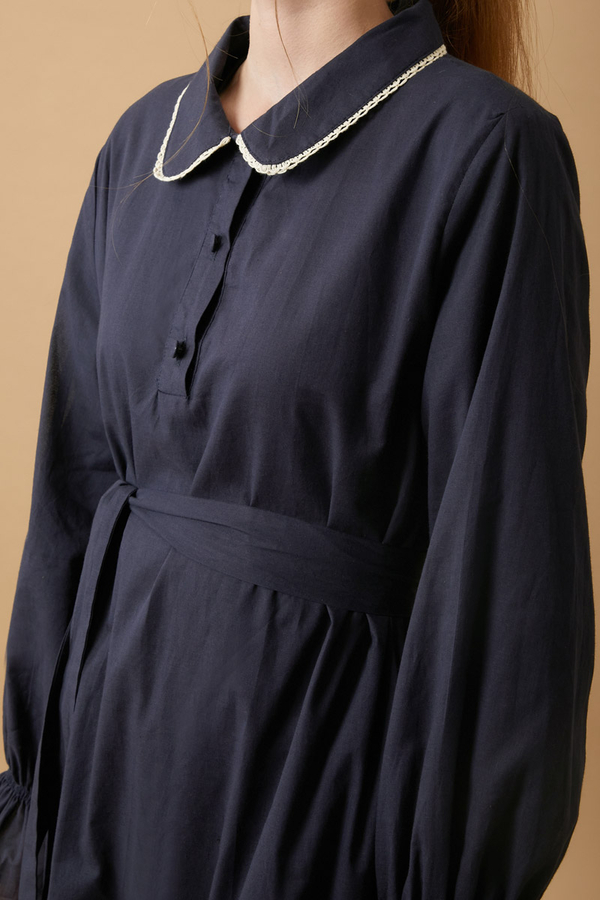 Peter Pan Collar Voile Dress Navy Blue - 8