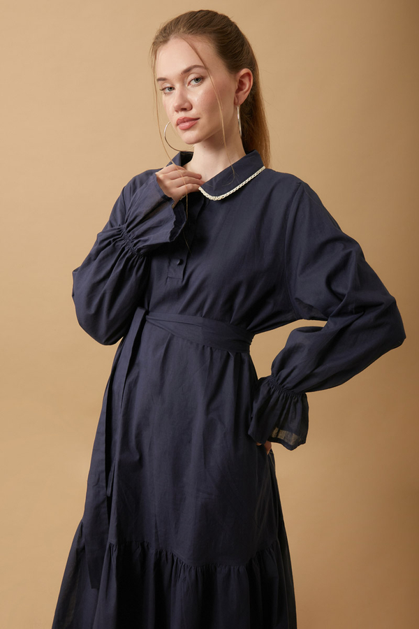 Peter Pan Collar Voile Dress Navy Blue - 9