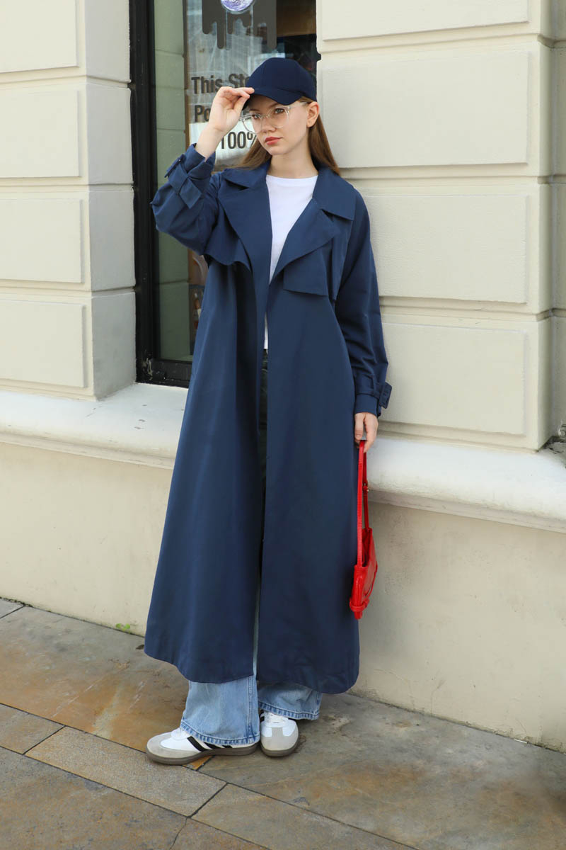 Pile Detay Trençkot Lacivert