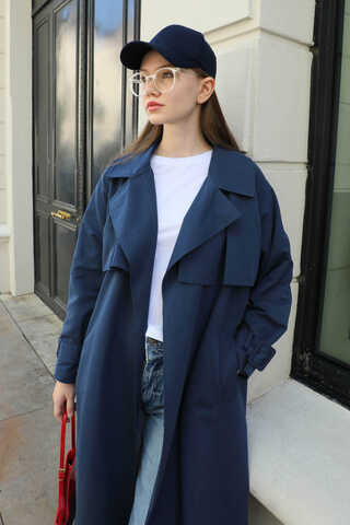 Pile Detay Trençkot Lacivert - 5