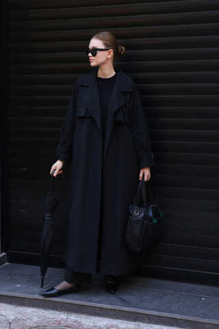 Pile Detay Trençkot Siyah - 1