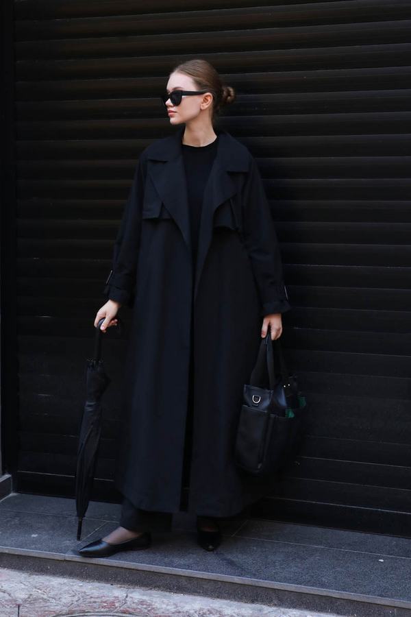 Pile Detay Trençkot Siyah - 1