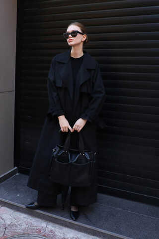 Pile Detay Trençkot Siyah - 3