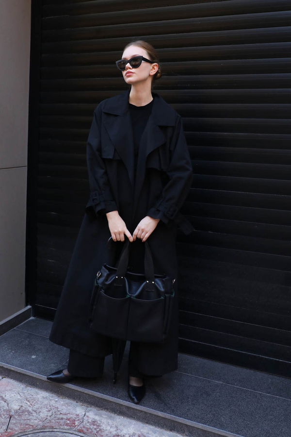 Pile Detay Trençkot Siyah - 3