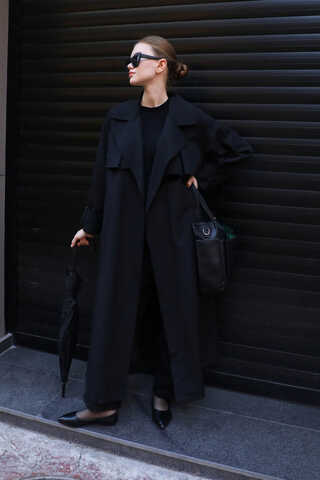 Pile Detay Trençkot Siyah - 4