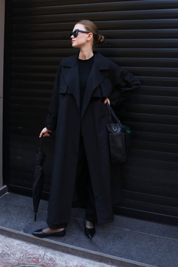 Pile Detay Trençkot Siyah - 4