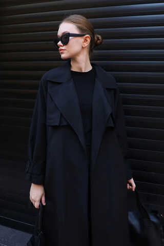 Pile Detay Trençkot Siyah - 5