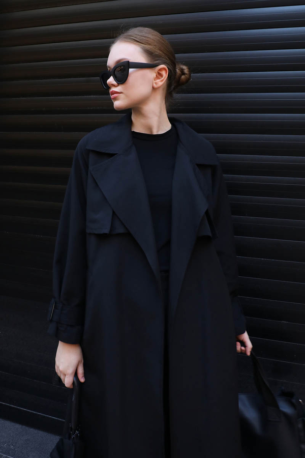 Pile Detay Trençkot Siyah - 5