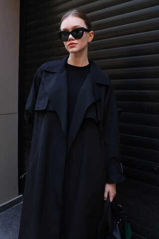 Pile Detay Trençkot Siyah - 6