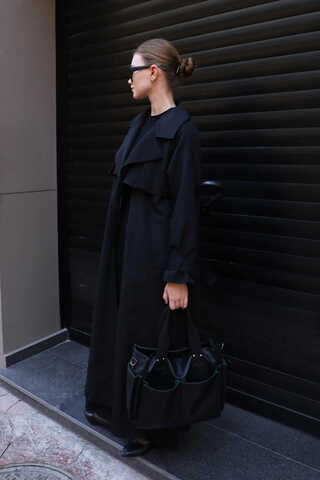 Pile Detay Trençkot Siyah - 7