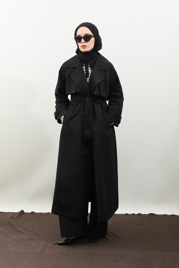 Pile Detay Trençkot Siyah - 8