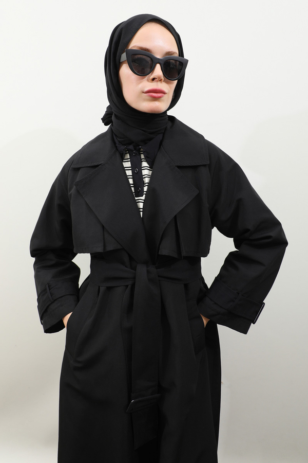 Pile Detay Trençkot Siyah - 10