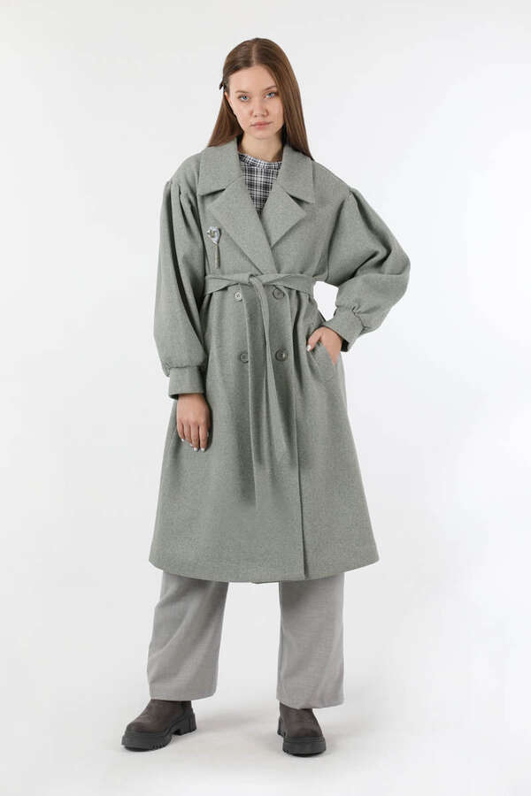 Pile Detaylı Ceket Yaka Kaban Gri - 1