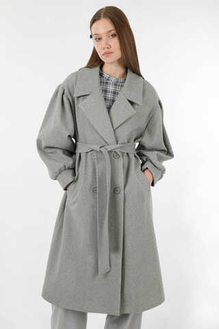 Pile Detaylı Ceket Yaka Kaban Gri - 2