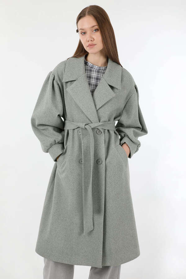 Pile Detaylı Ceket Yaka Kaban Gri - 2