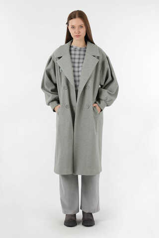 Pile Detaylı Ceket Yaka Kaban Gri - 3