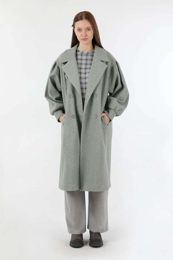 Pile Detaylı Ceket Yaka Kaban Gri - 3