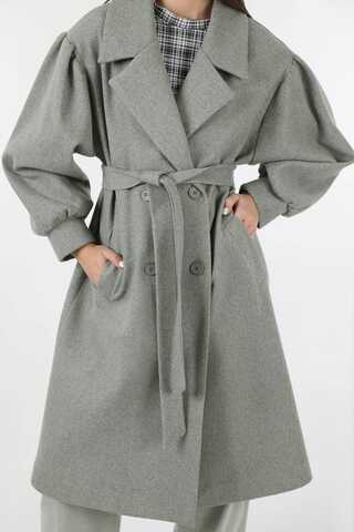 Pile Detaylı Ceket Yaka Kaban Gri - 4