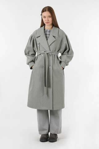 Pile Detaylı Ceket Yaka Kaban Gri - 5