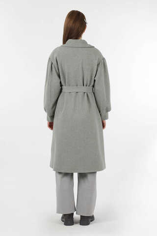 Pile Detaylı Ceket Yaka Kaban Gri - 6