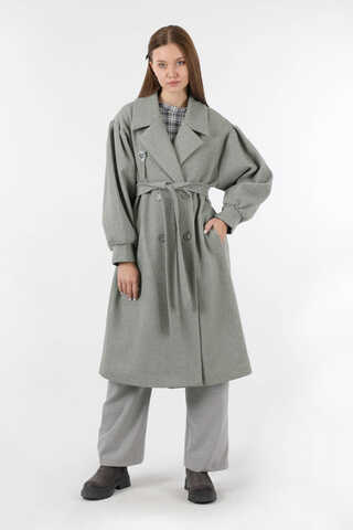 Pile Detaylı Ceket Yaka Kaban Gri - 1