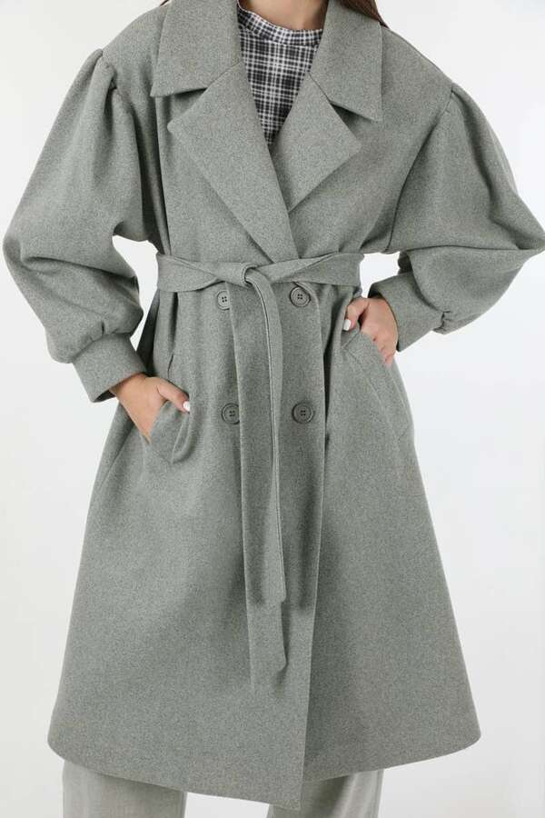 Pile Detaylı Ceket Yaka Kaban Gri - 4