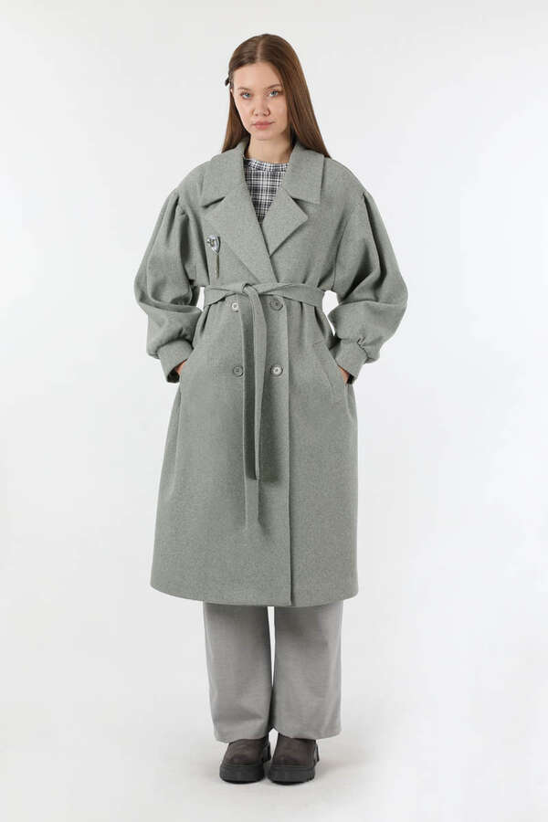 Pile Detaylı Ceket Yaka Kaban Gri - 5