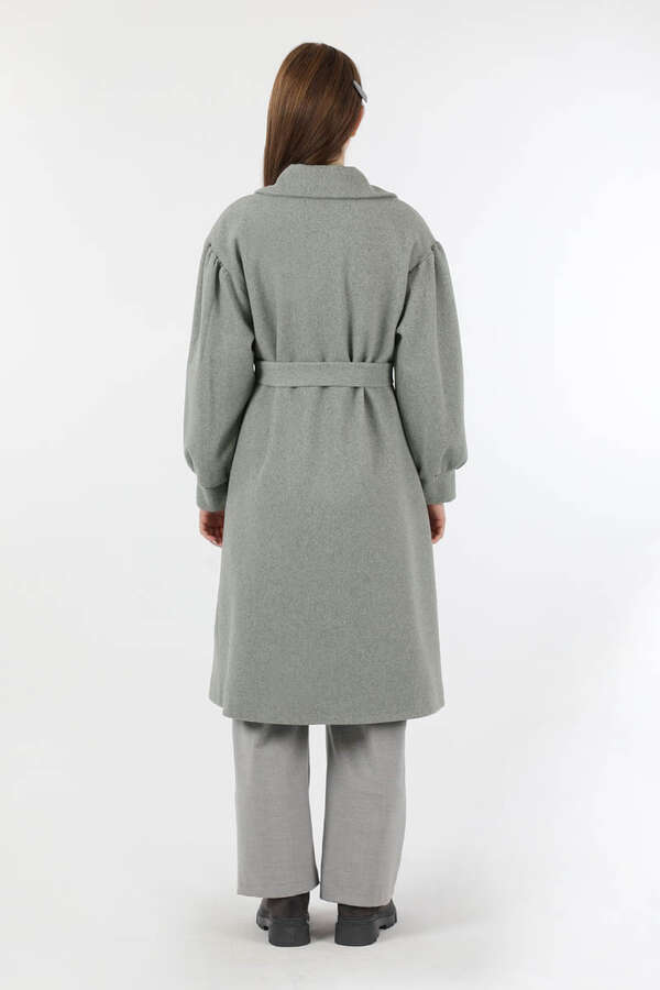 Pile Detaylı Ceket Yaka Kaban Gri - 6