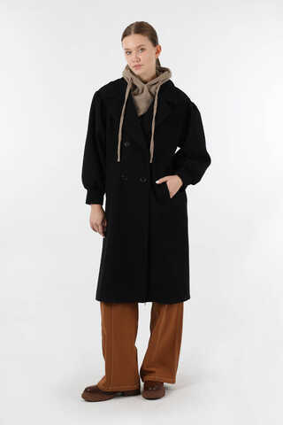 Pile Detaylı Ceket Yaka Kaban Siyah - 1