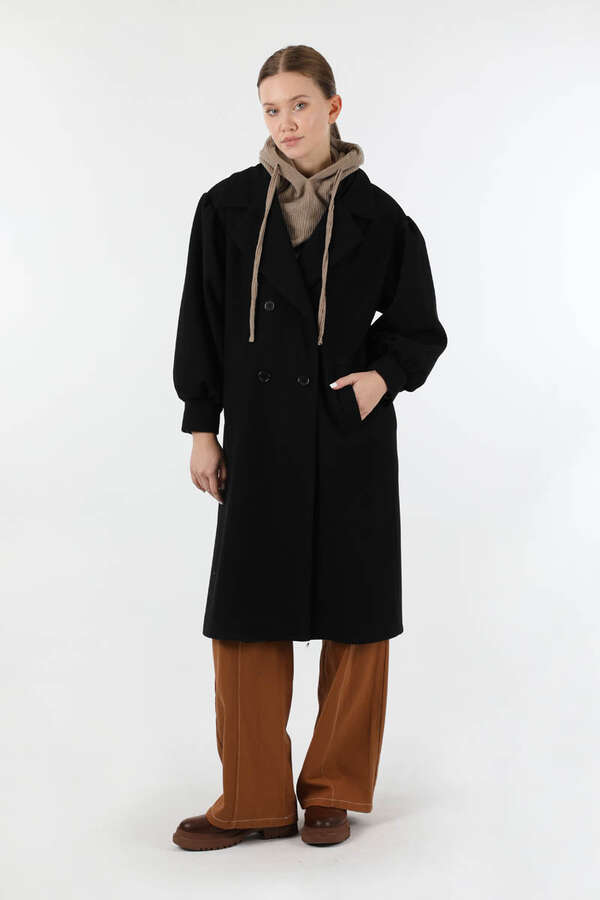 Pile Detaylı Ceket Yaka Kaban Siyah - 1