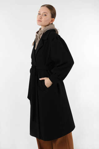 Pile Detaylı Ceket Yaka Kaban Siyah - 2