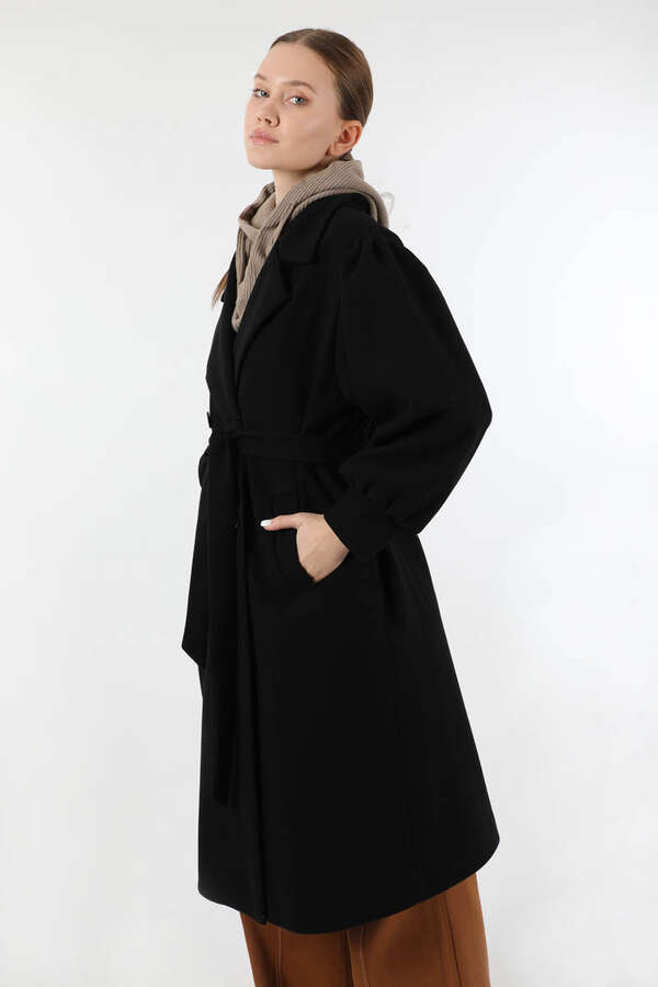 Pile Detaylı Ceket Yaka Kaban Siyah - 2