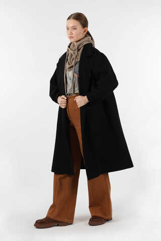 Pile Detaylı Ceket Yaka Kaban Siyah - 3