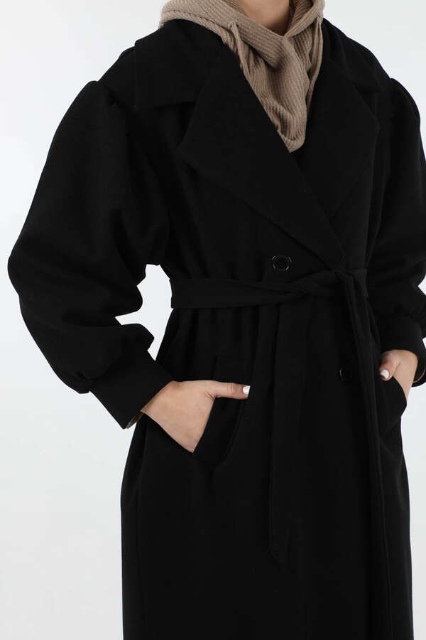 Pile Detaylı Ceket Yaka Kaban Siyah - 4