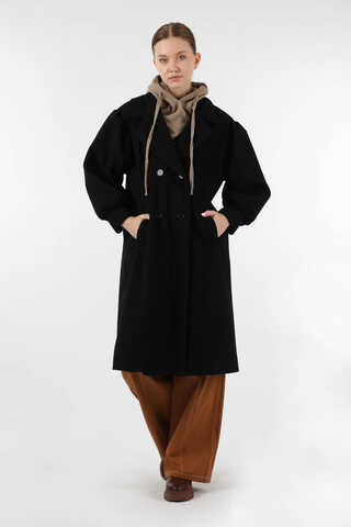 Pile Detaylı Ceket Yaka Kaban Siyah - 5