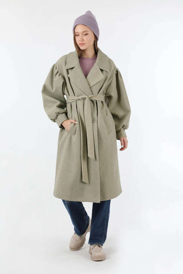 Pile Detaylı Ceket Yaka Kaban Vizon - 1