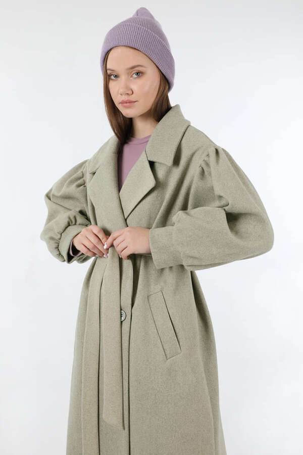 Pile Detaylı Ceket Yaka Kaban Vizon - 2