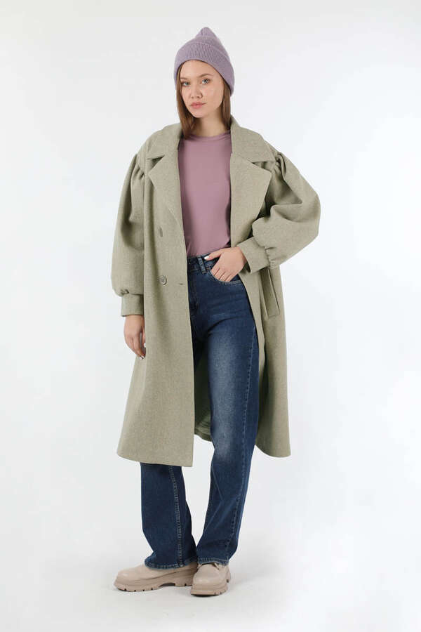 Pile Detaylı Ceket Yaka Kaban Vizon - 3