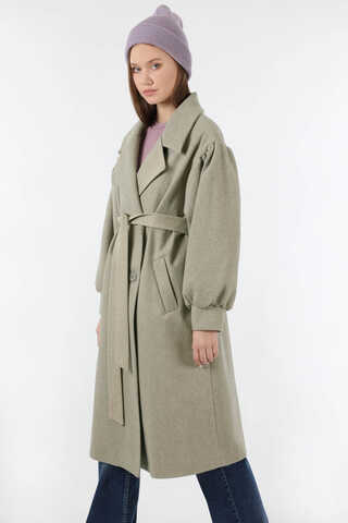 Pile Detaylı Ceket Yaka Kaban Vizon - 4