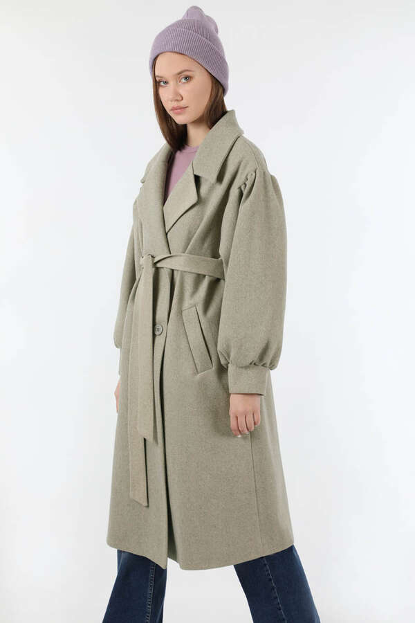 Pile Detaylı Ceket Yaka Kaban Vizon - 4