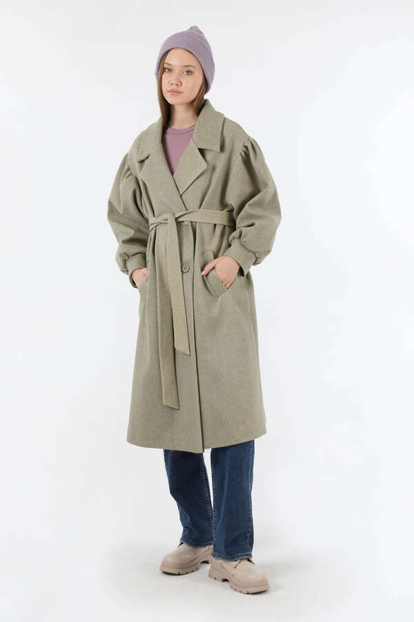 Pile Detaylı Ceket Yaka Kaban Vizon - 5